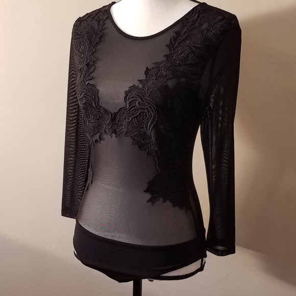 Sold! FOREVER 21 Women's Sheer Black Lace Body Suit - Picture 2 of 4